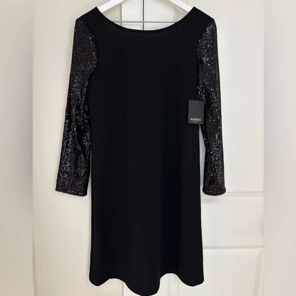 Marina Dresses Black Boatneck Midi Dress Sequin Sleeves V-Cut Back, Size 8